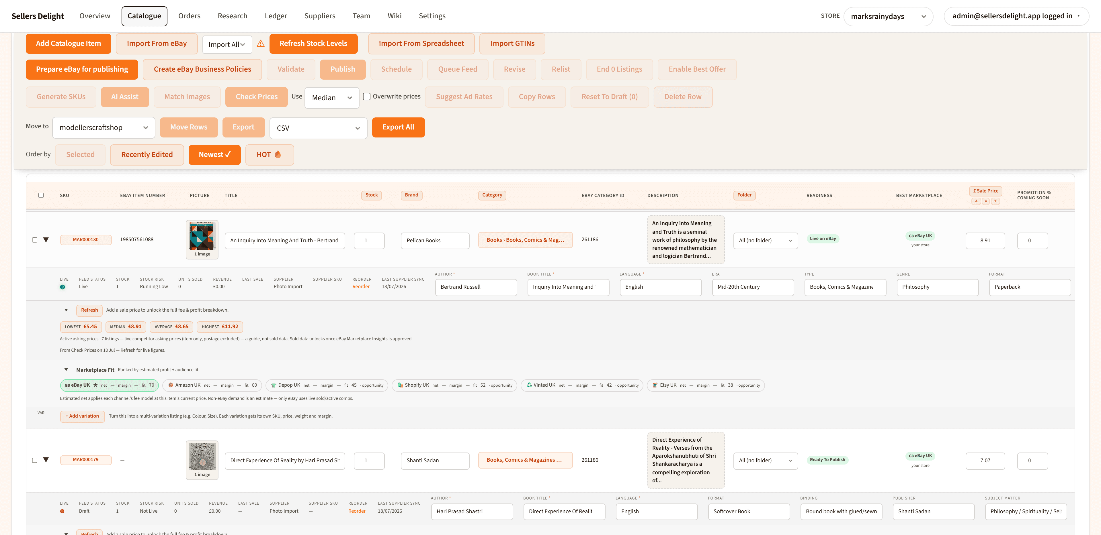 Sellers Delight Catalogue workspace showing product listings with status, margin data, and action tools